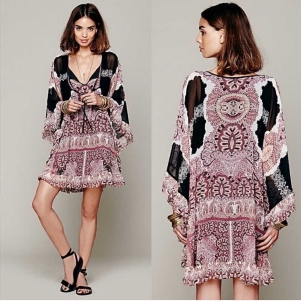 FREE PEOPLE Marla Dreams Paisley/Floral Printed Chiffon Mini Dress Ruffle Hem S